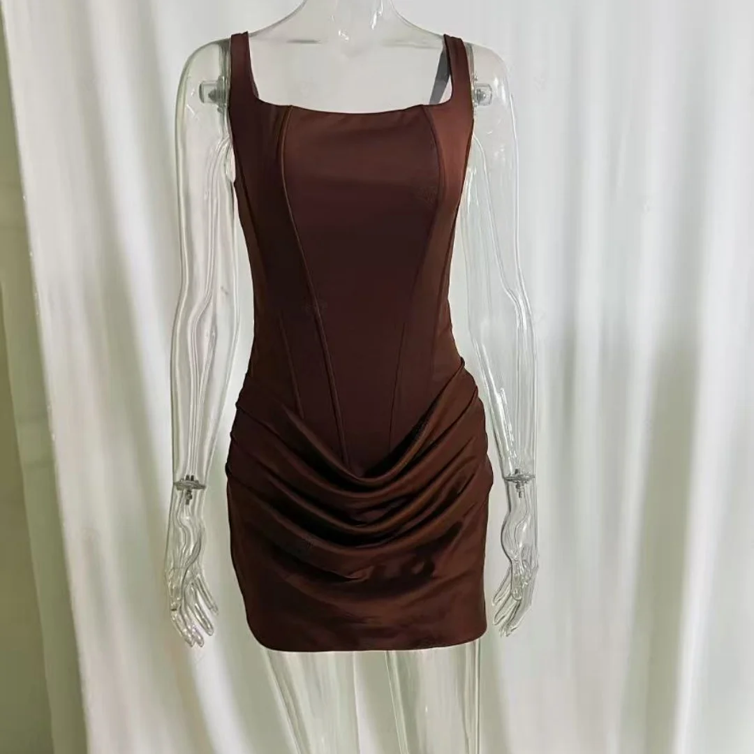 Image of 2026 Neues Damen-Minikleid mit eckigem Ausschnitt und Neckholder, sexy, plissiert, ärmellos, rückenfrei, hoher Bund, figurbetontes Sommer-Partykleid