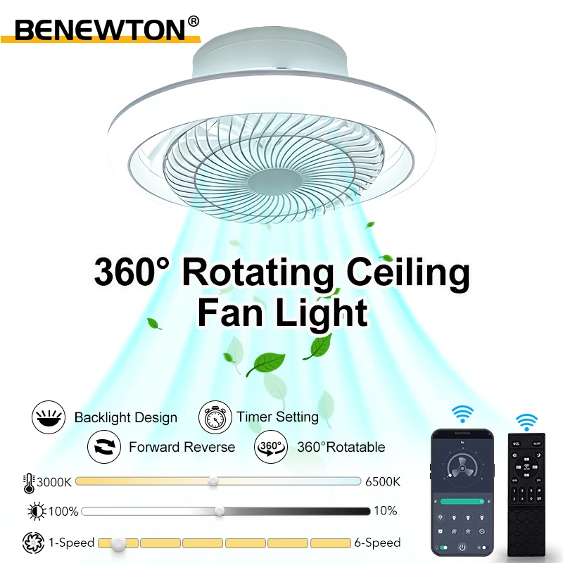 360 °   Drehbarer smarter Deckenventilator mit Licht, App- und Fernbedienung, 6 Windgeschwindigkeiten, Hintergrundbeleuchtung, oszillierender Ventilator mit Licht für das Wohnzimmer