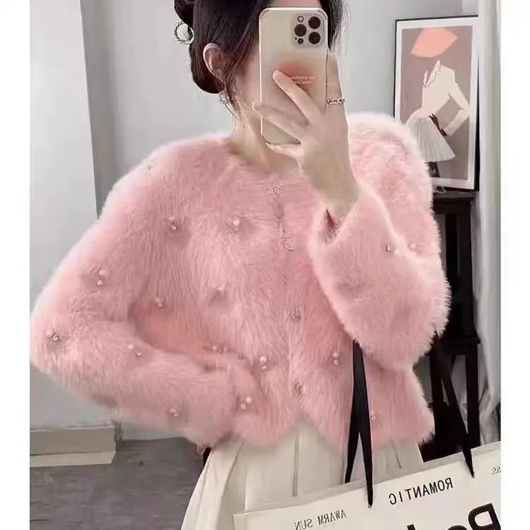 

Autumn Fashion Plush Beaded Single-breasted Solid Color Coat Winter New Women's Round Neck Long-sleeved Cardigan Sweater