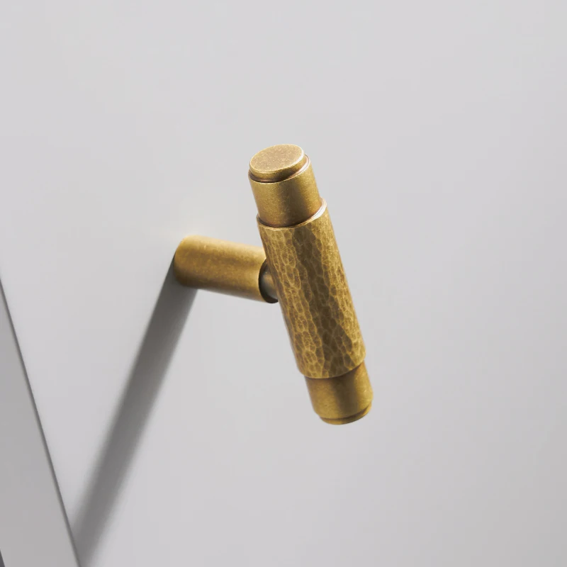 Brass Furniture Handles Modern Hammered Yellow Bronze Cupboard Wardrobe Dresser Shoe Box Drawer Cabinet Knobs T-Bar
