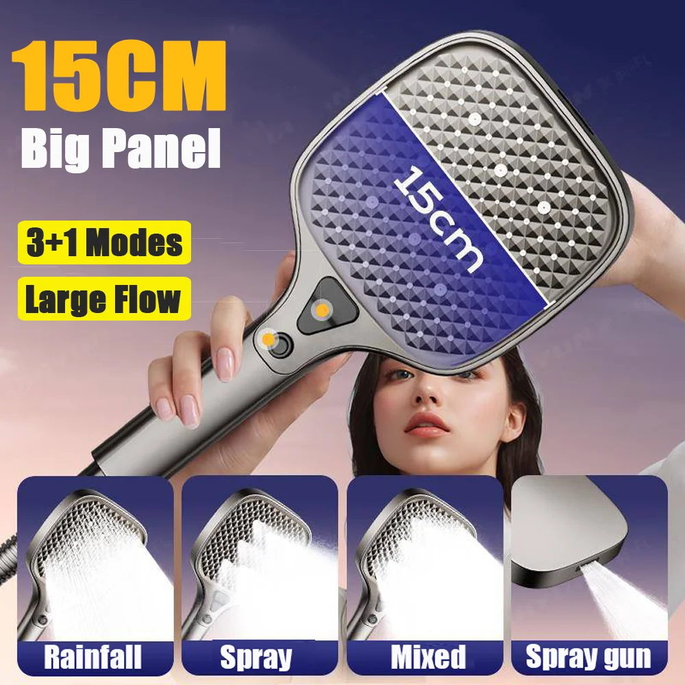 Upgraded 15CM Big Panel Large Flow Square Shower Head 4 Modes Adjustable Shower Head High-pressure Water-saving Handheld Shower