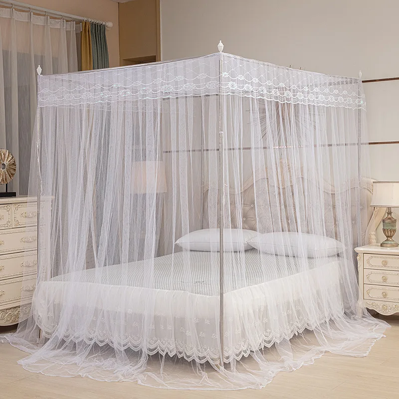 Lace Mosquito Net 4 Corner 3 Side Openings Post Bed Curtain Princess Canopy Netting Bedding Bed Curtains No Bracket view 6