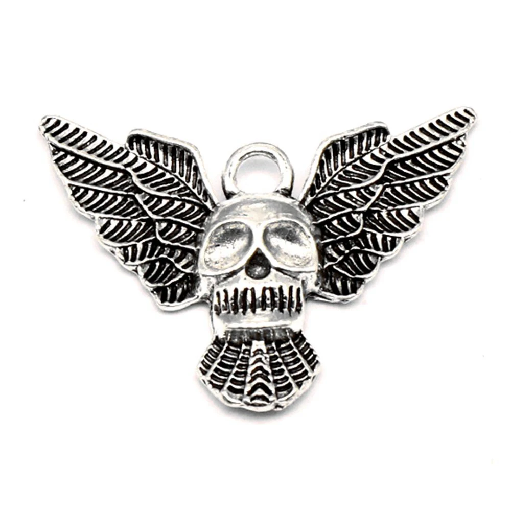 Winged Skull Charms Pendant Necklac Art Crafts Diy Girls Jewelry 24x34mm 3pcs Antique Silver Color