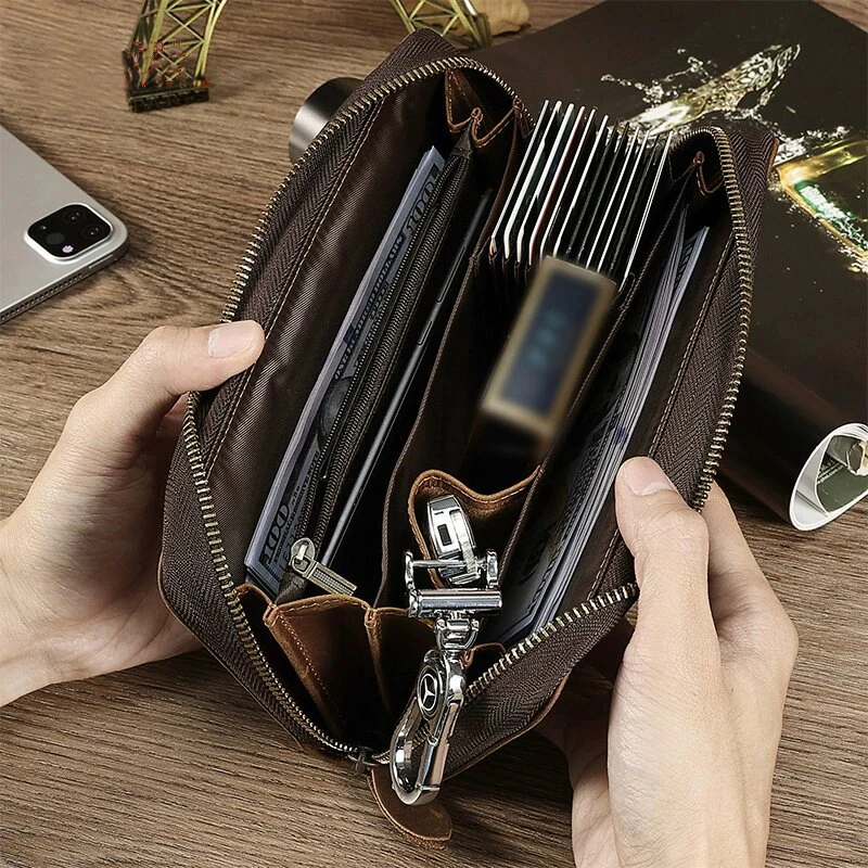 Genuine Leather Clutch Wallet For Men Cowskin big capacity Zipper Business Purse Card Holder Male Big Hand Wallets Pone Pouch