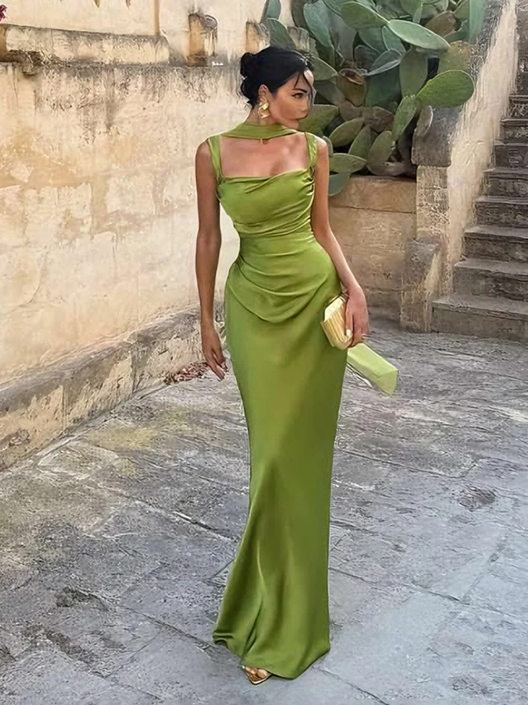 Sisterlinda Sexy Scarf Dress Women Halter Satin Silky Ruched Backless Waistless Summer Trend Sleeveless Beach Vacation Vestidos