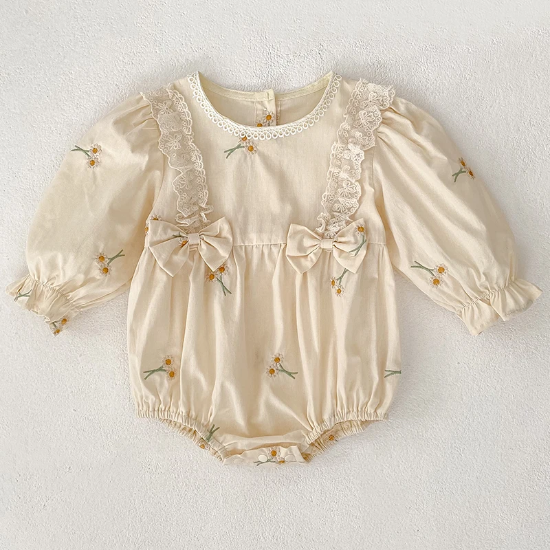 الخريف الوليد الطفل بنات بذلة طويلة الأكمام القطن زهرة التطريز طفل رضيع فتاة داخلية طفل الفتيات الملابس مقوس دانتيل