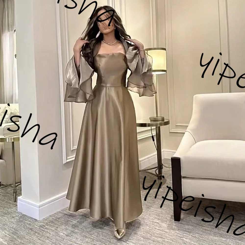 Customized  Simple 2024 Champagne Chiffon A-line Porm Evening Dresses high quality Square collor Pleat half sleeve Quinceanera P