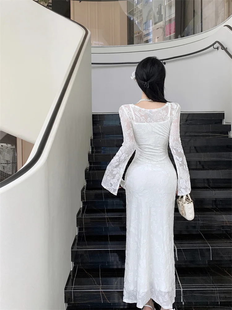 Romantische fluwelen jacquard kanten verjaardagsjurk lente en herfst nieuwe stijl slanke binnenbandjurk en zeemeerminjurk tweedelige set