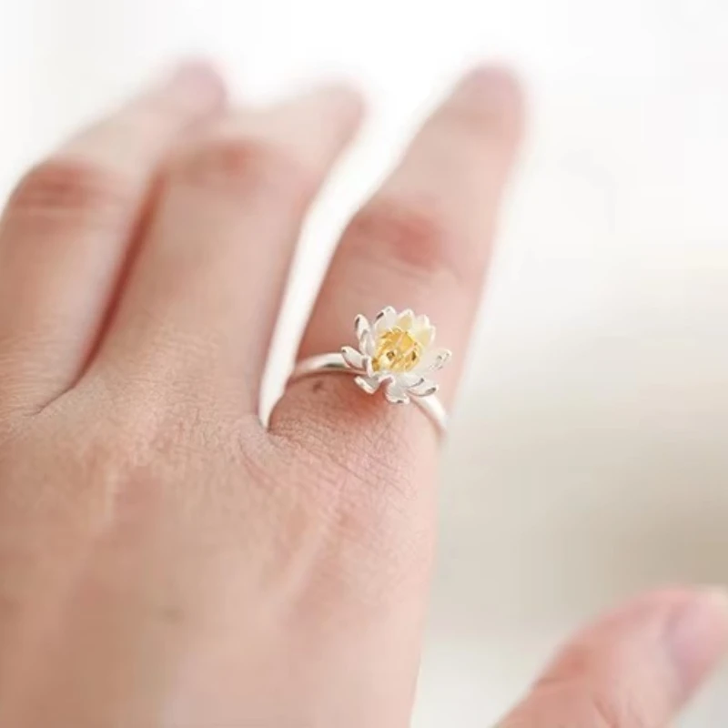 925 Sterling Silver Lotus Open Rings For Women Hypoallergenic Fashion Girl Sterling-silver-jewelry