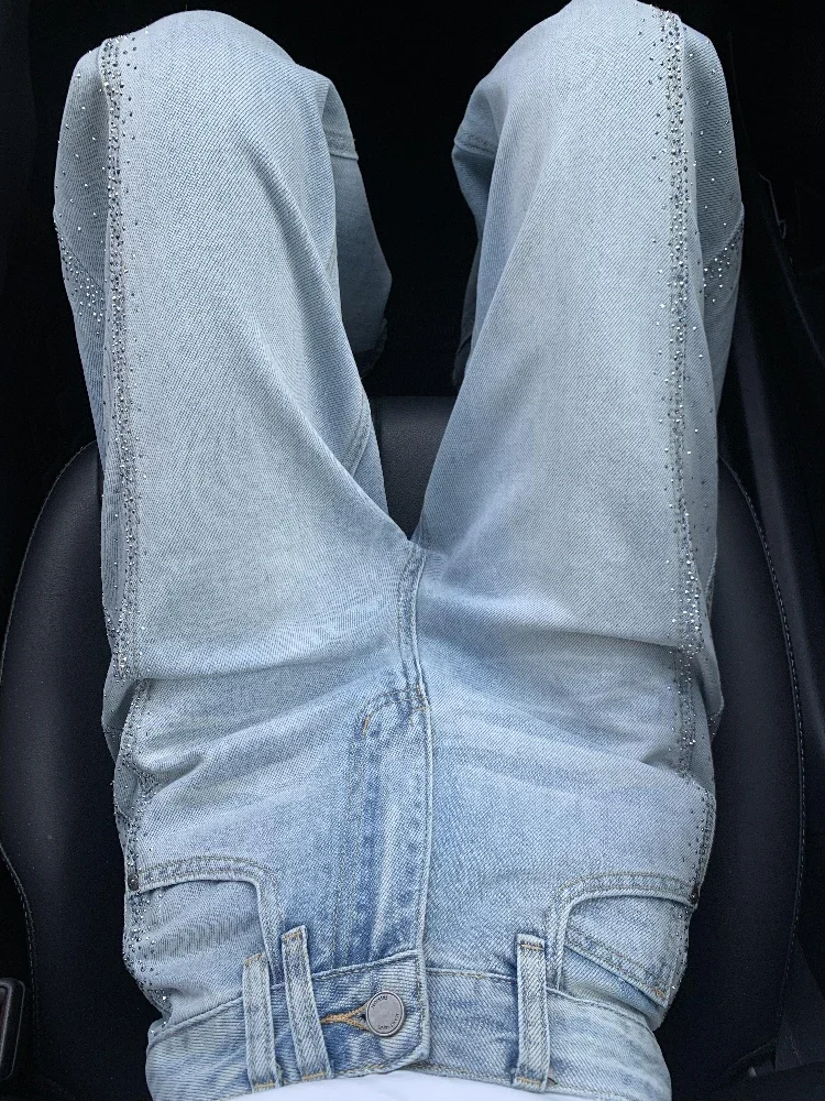 النمط الأمريكي لامعة الصناعة الثقيلة الحفر الساخن الجينز النساء 2025 تصميم جديد الصيف تحسس Scimitar واسعة الساق wutong السراويل #3