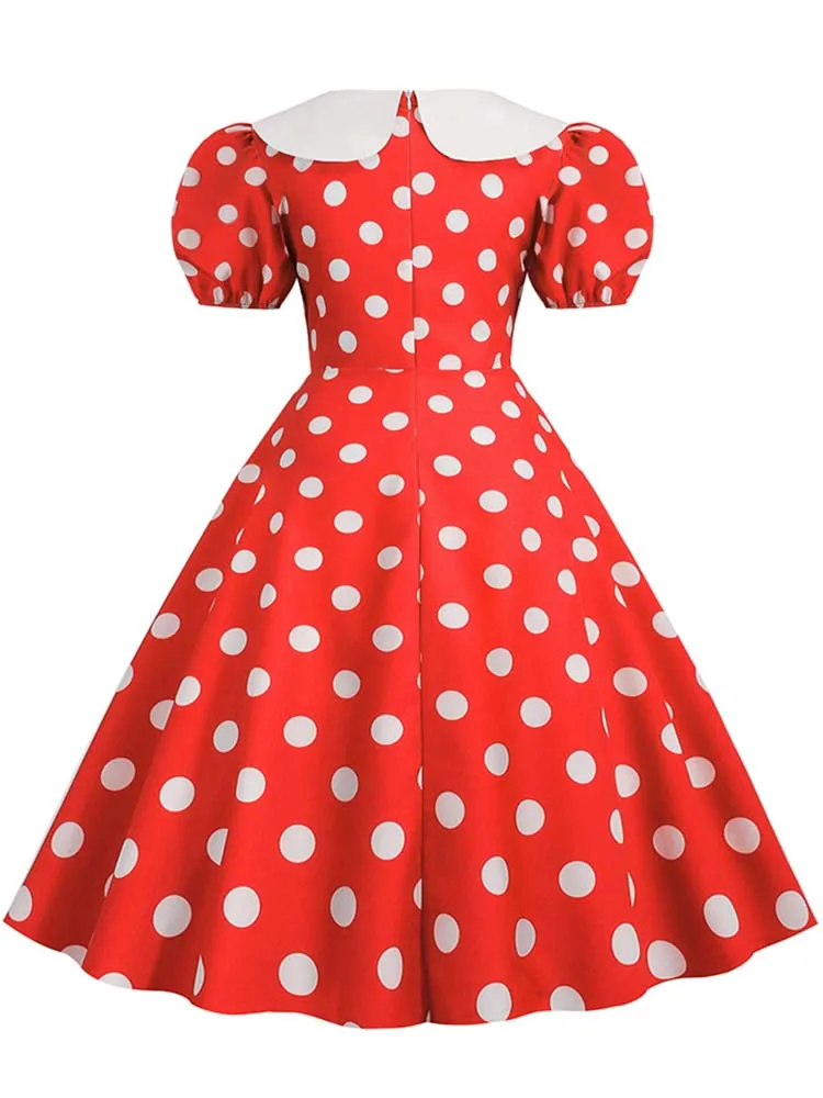 Summer Women Pink Polka Dot Elegant Party Dress Retro Vintage 50s 60s Pin Up Rockabilly Dress Casual Robe Femme