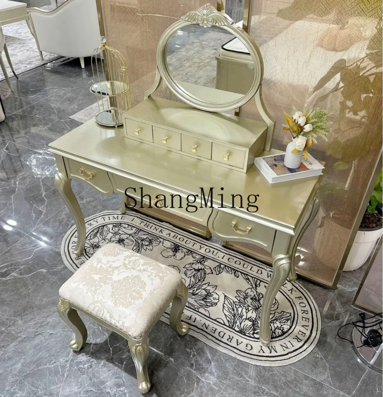 

FG Cream Wind Storage Cabinet Light Luxury Solid Wood Dresser Champagne Gold Dresser Table with Mirror
