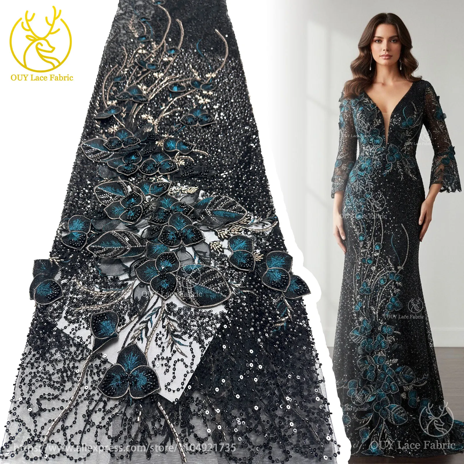 

3D Embroidered Lace with Sequins African Lace Fabric 2026 High-Quality Nigerian Beaded Tulle Lace Fabric for Party Dresses