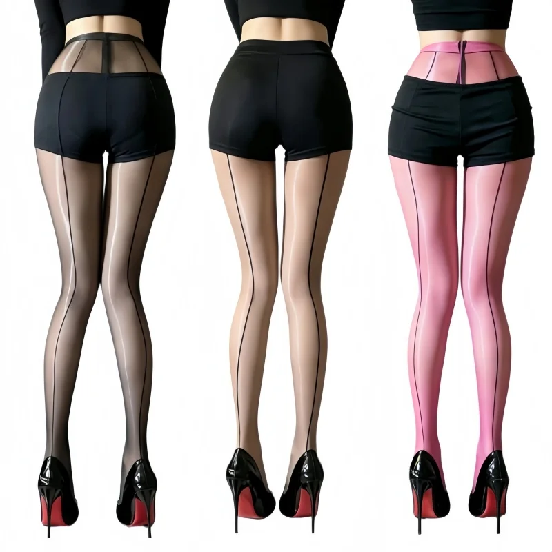 Charming Vertical Line Closed/Open Crotch Tights With Reinforced Toes Oil Shiny Back Line Stockings Women Slim Stretchy Tights