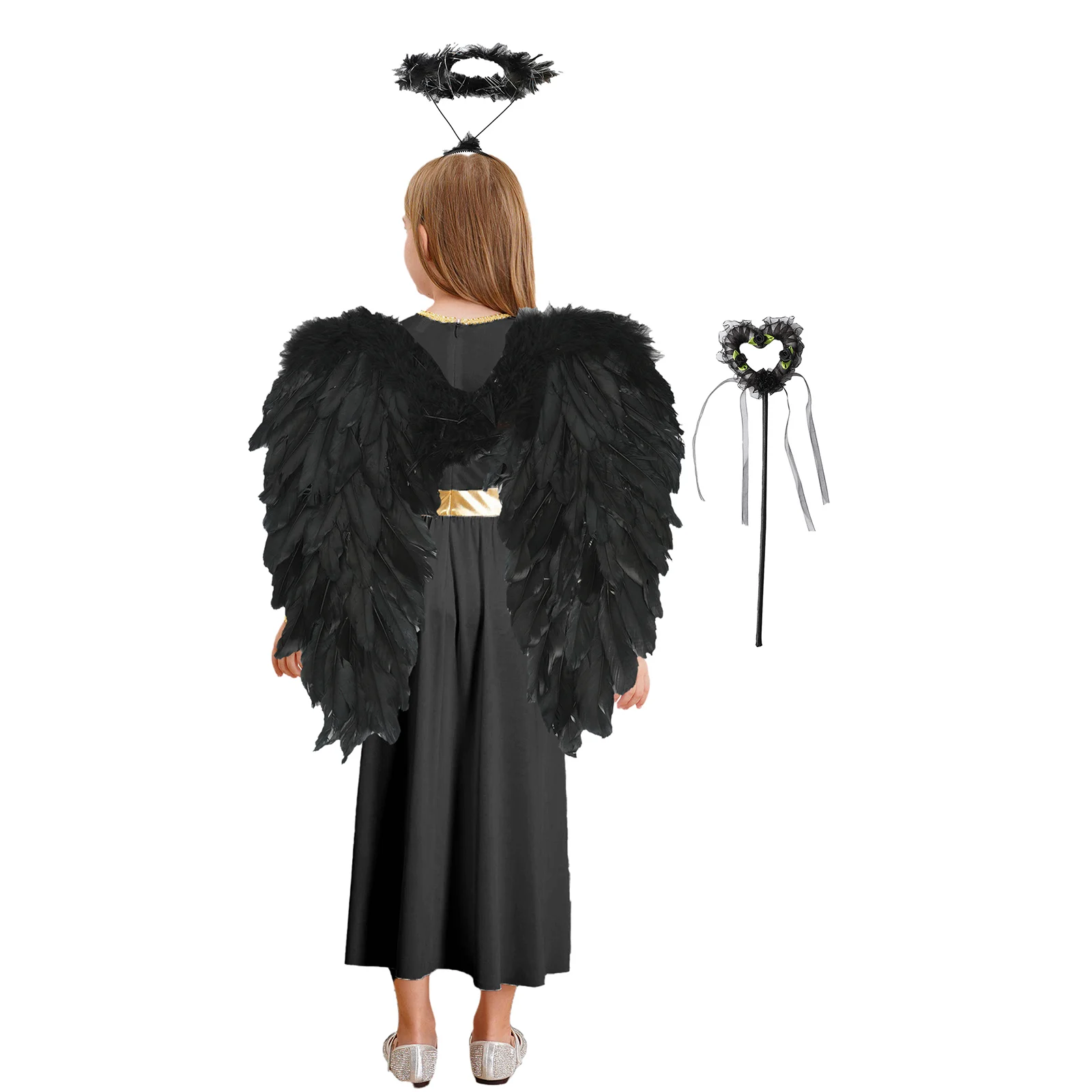 Costume Cosplay Ange pour Bol, Robe d'Halloween avec Ailes de Plumes, Bande de Sauna et Bâtons de Dégradation, Ensemble de Performance, Habillage de Carnaval pour Enfants