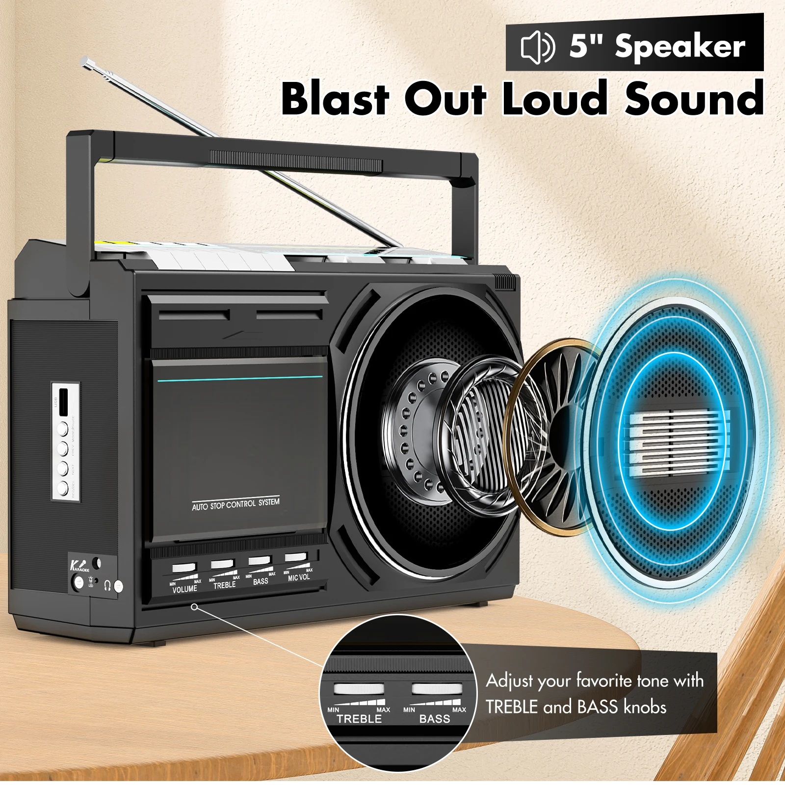 Retro cassette player recorder with built-in MIC portable bluetooth boombox radios with tape USB converter AC DC power