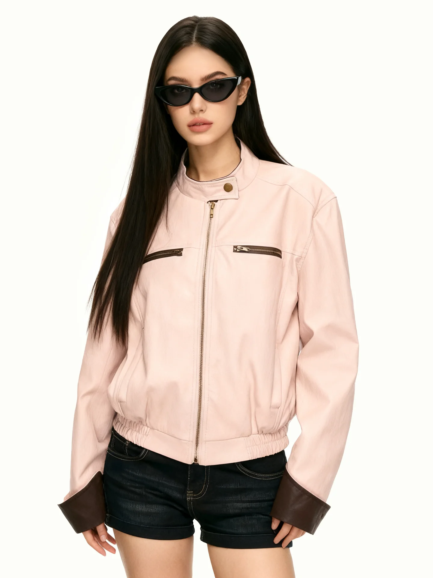 

JYOOK Pink Leather Jaet Women's Casual Sle Autumn Winter New Cool Unique Beautiful ort Zipper Faionable Ladies Coat