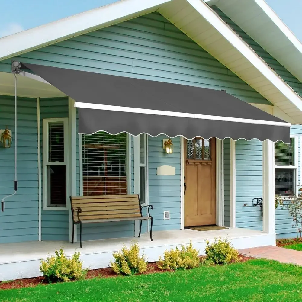 10x8ft Manual Crank Retractable Awning - Polyester Shade for Patio, Deck or Balcony - Gray