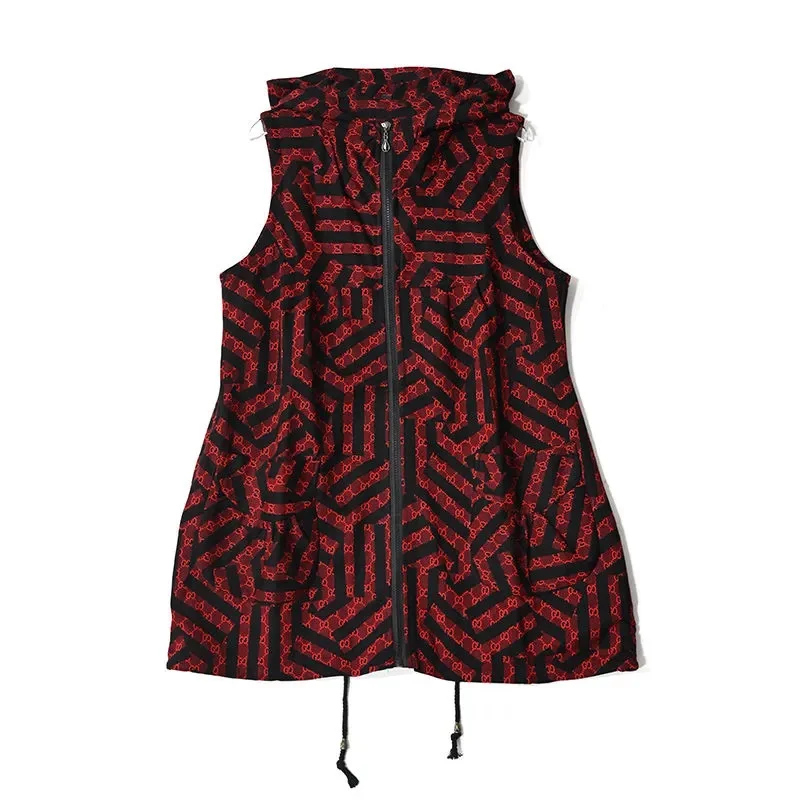 Luźna kamizelka damska plus size, odzież wierzchnia na wiosnę i jesień, długa, z kapturem, zapinana na zamek, w kratę, do pracy, stylizowana na kurtkę.