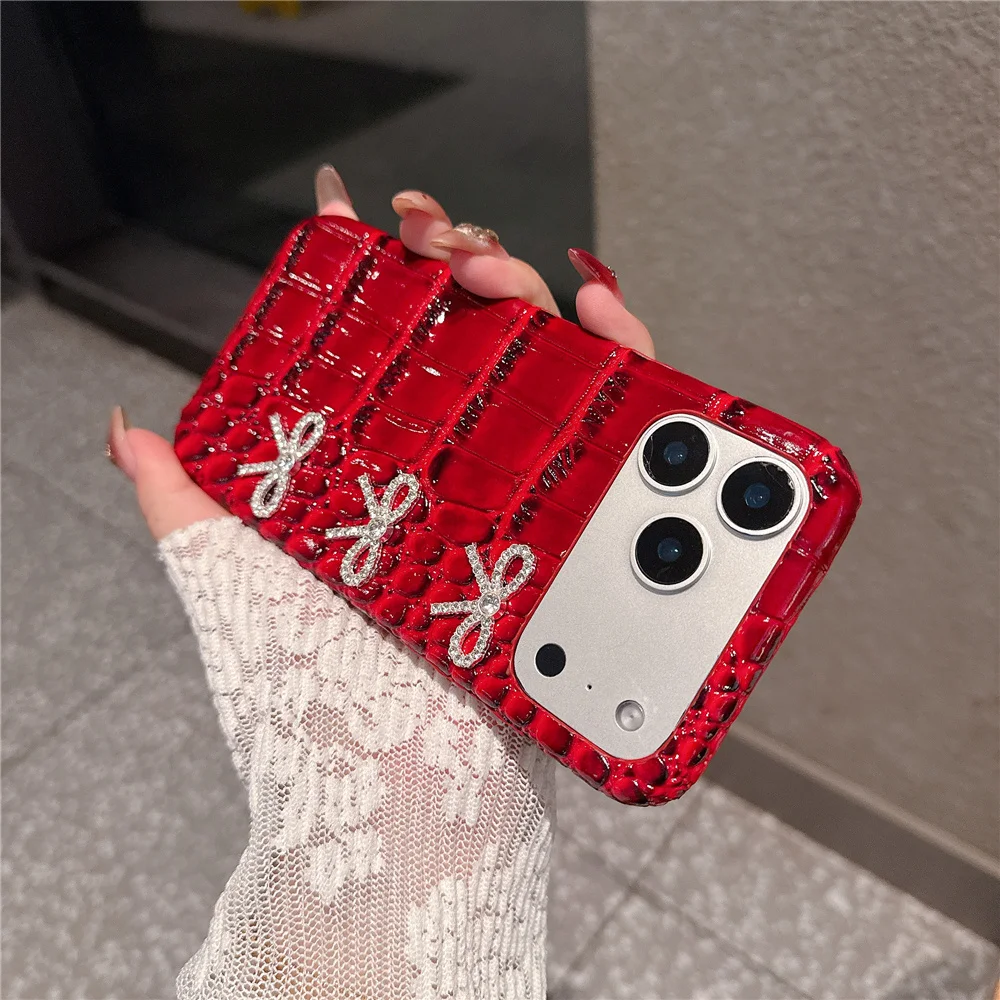 Luxury Crocodile Leather PU Texture pattern hard  Phone Case for iPhone 17 16 15 14 13 Pro Max 3D Rhinestone Bow Design Cover