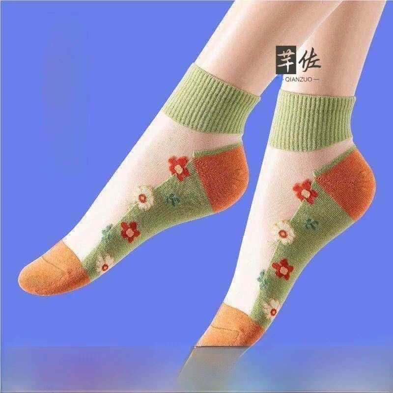 Ultra-Thin Crystal Ice Silk Short Socks for Women Breathable Transparent Embroidered Card Silk Invisible Socks Spring Summer