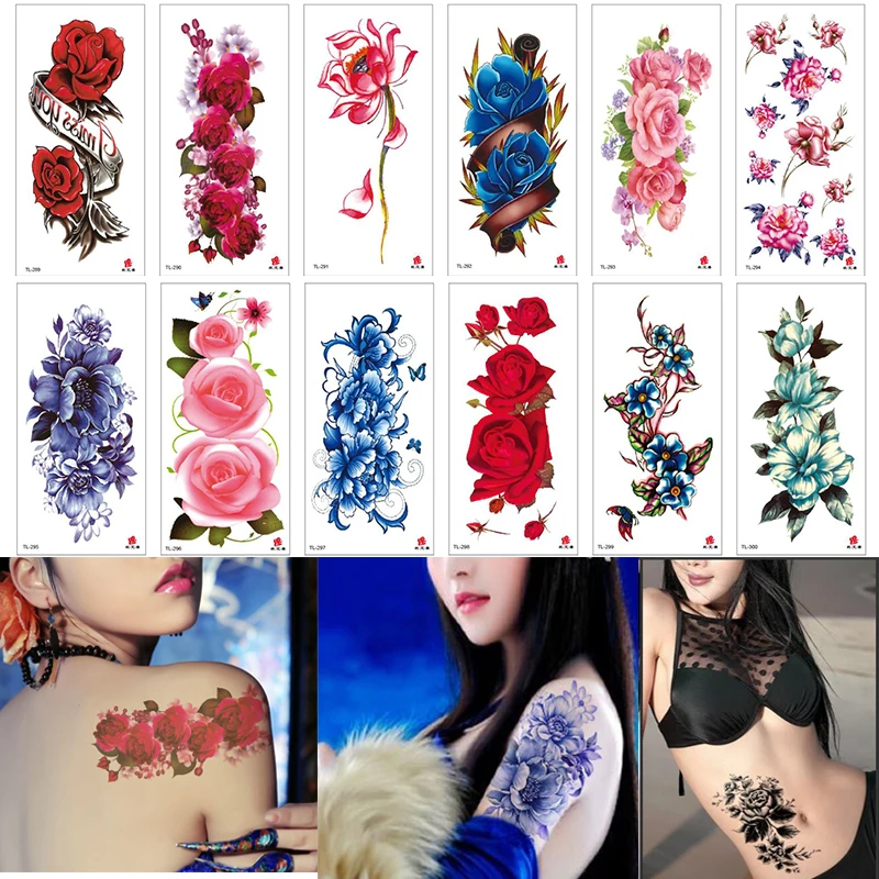 

100pcs Wholesales Temporary Tattoos Sleeve Women Girl Beauty Body Arm Art Black Rose Flower Glitter Waterproof Tattoo Sticker