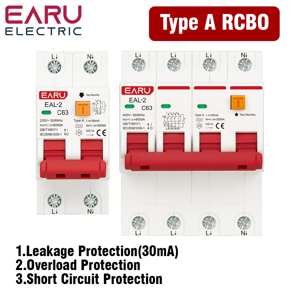 AC 2P 230V 4P 400V A Type RCBO RCCB MCB Electronic Residual Current Circuit Breaker Over Short Current 30mA Leakage Protection