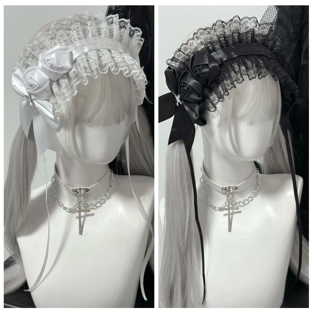 Gothic Black White Handmade Rose Lolita Headband Lace Big Bow Y2K Cross Hair Decorations Headdress
