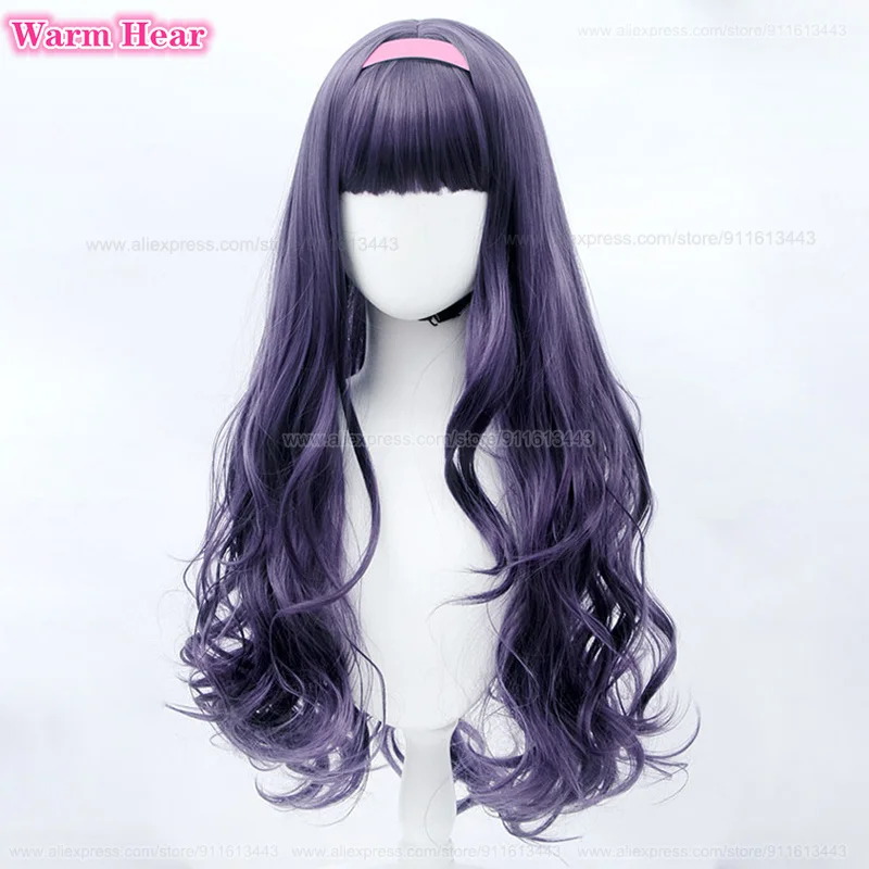 Card Captor Sakura Cosplay Tomoyo Daidouji Anime Wig Long Curly Dark Gray Purple Hair Hairband Heat Resistant Wigs + Wig Cap