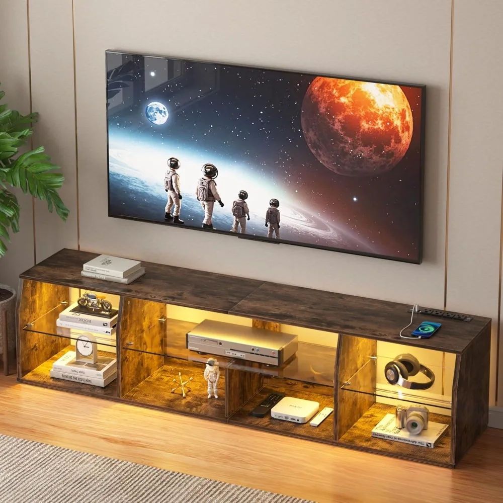 

LED TV Stand for 70 inch, Entertainment Center with Power Outlets, Industrial Television Cabinet with 7 Open Storage Shelves, f
