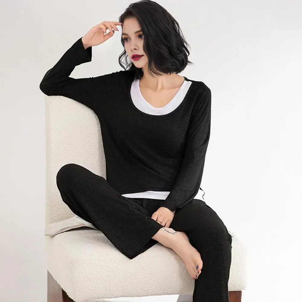 

Пижамный комплект с накладками на грудь. Уютный пижамный комплект из модала со встроенным бюстгальтером для женщин. Топ с длинными рукавами. Брюки. Одежда для сна. Повседневная одежда для дома.