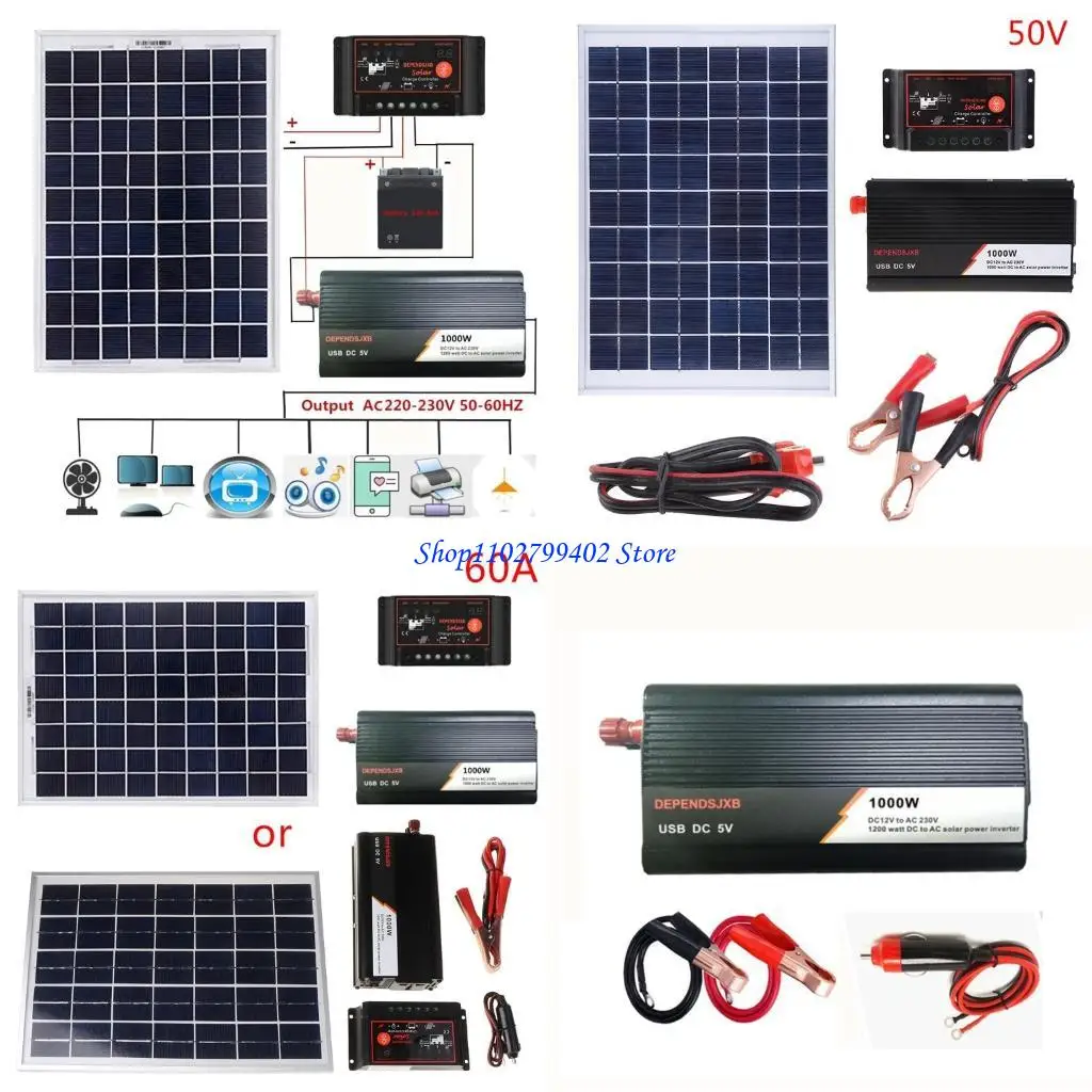 547F 18V 20W Solar Panel Power System + 12V / 24V Digital Controller + 1000W Inverter