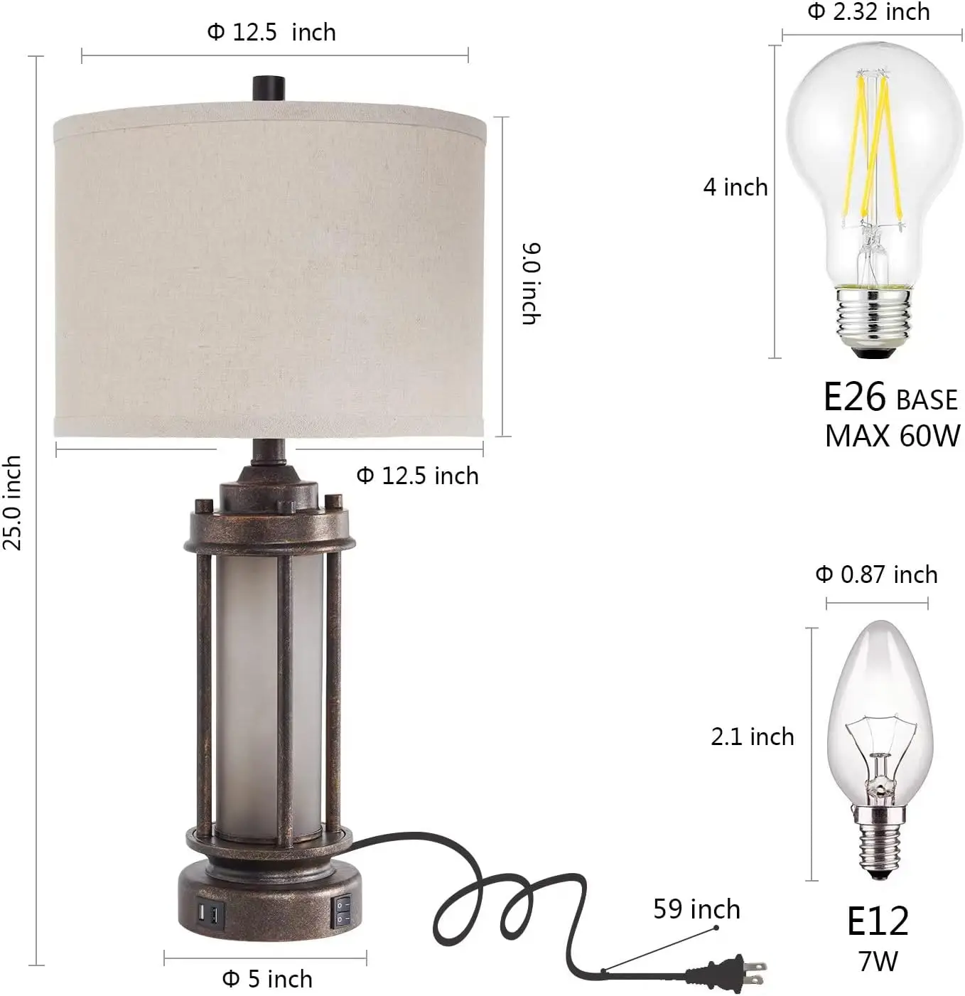 Ensemble de 2 lampes de ferme rustiques avec ports USB, veilleuse en verre dépoli pour salon ou chambre à coucher, comprend 4 ampoules