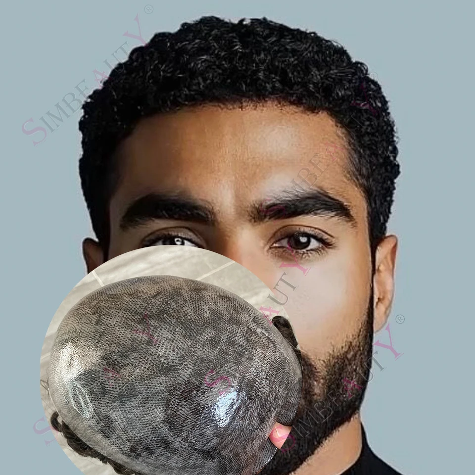 

10 мм кудрявый афро мужской парик мужской системы волос протез супер прочный полиэтилен полный PU лысый незаметный плетение человеческих волос парик