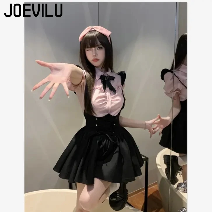 Japanese Strap Skirt Set Lovely Fly Sleeved Shirt with Bow Tie Bandage Black Mini Skirts 2 Piece Sets Babes Kawaii Y2k Outifits