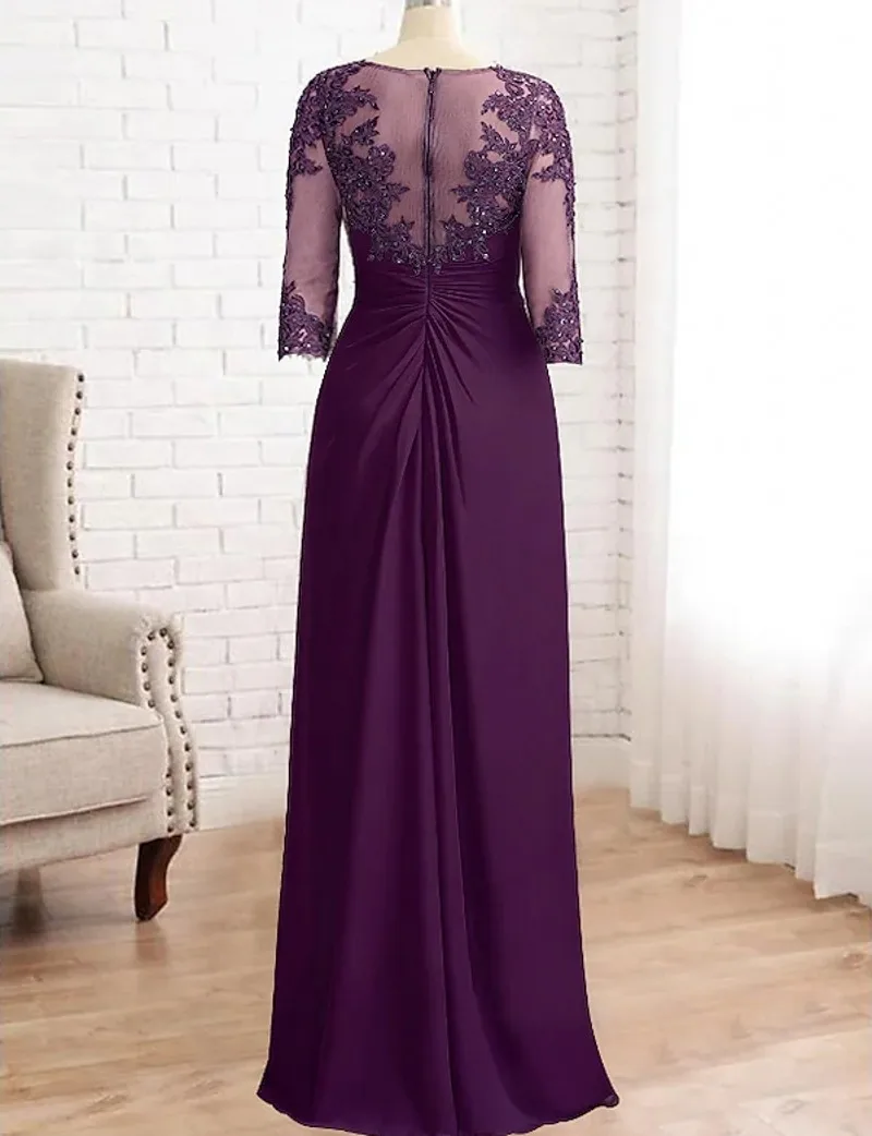 Sheath Grape Mother of the Bride Dress Elegant Jewel Half Sleeves Sequin Appliques Chiffon Wedding Guest Party Gowns New