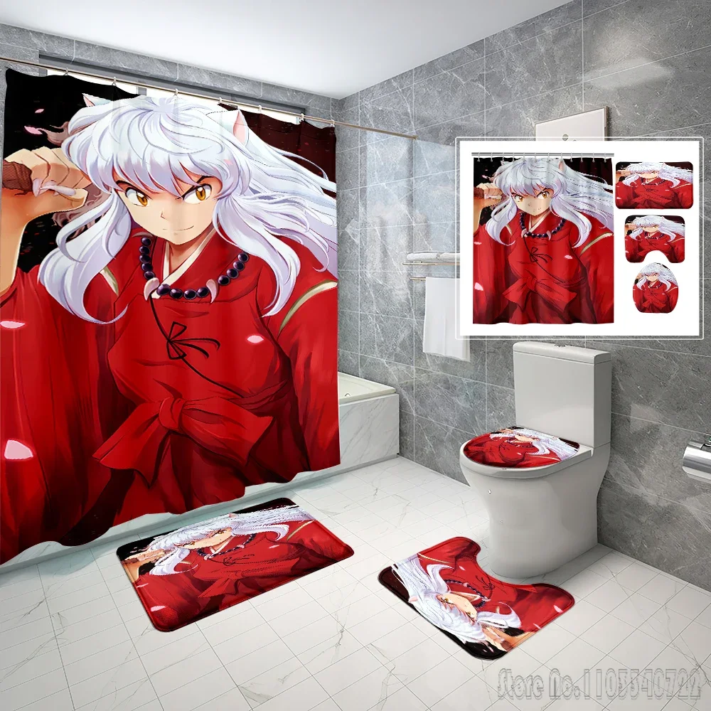 Anime Inuyasha Pattern Bath Shower Curtain Set 4pcs with Hooks Cartoon Decor Waterproof Bathroom Toilet Mat Lid