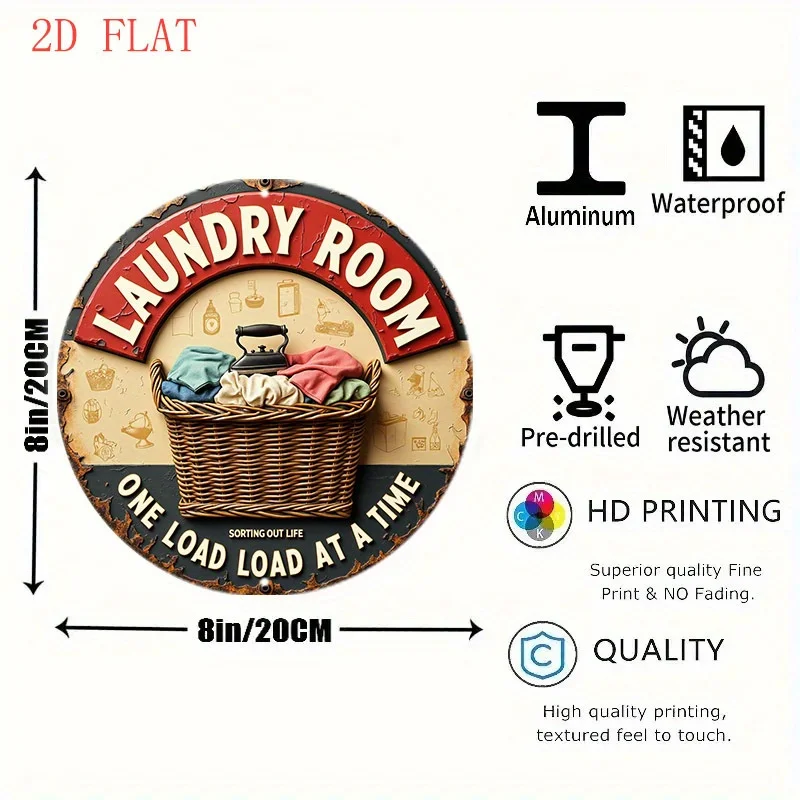 1pc 8-Inch Vintage Laundry-Themed Round Metal Wall Sign with Laundry Basket & Ironing Board Icons - Farmhouse Laundry Room Decor