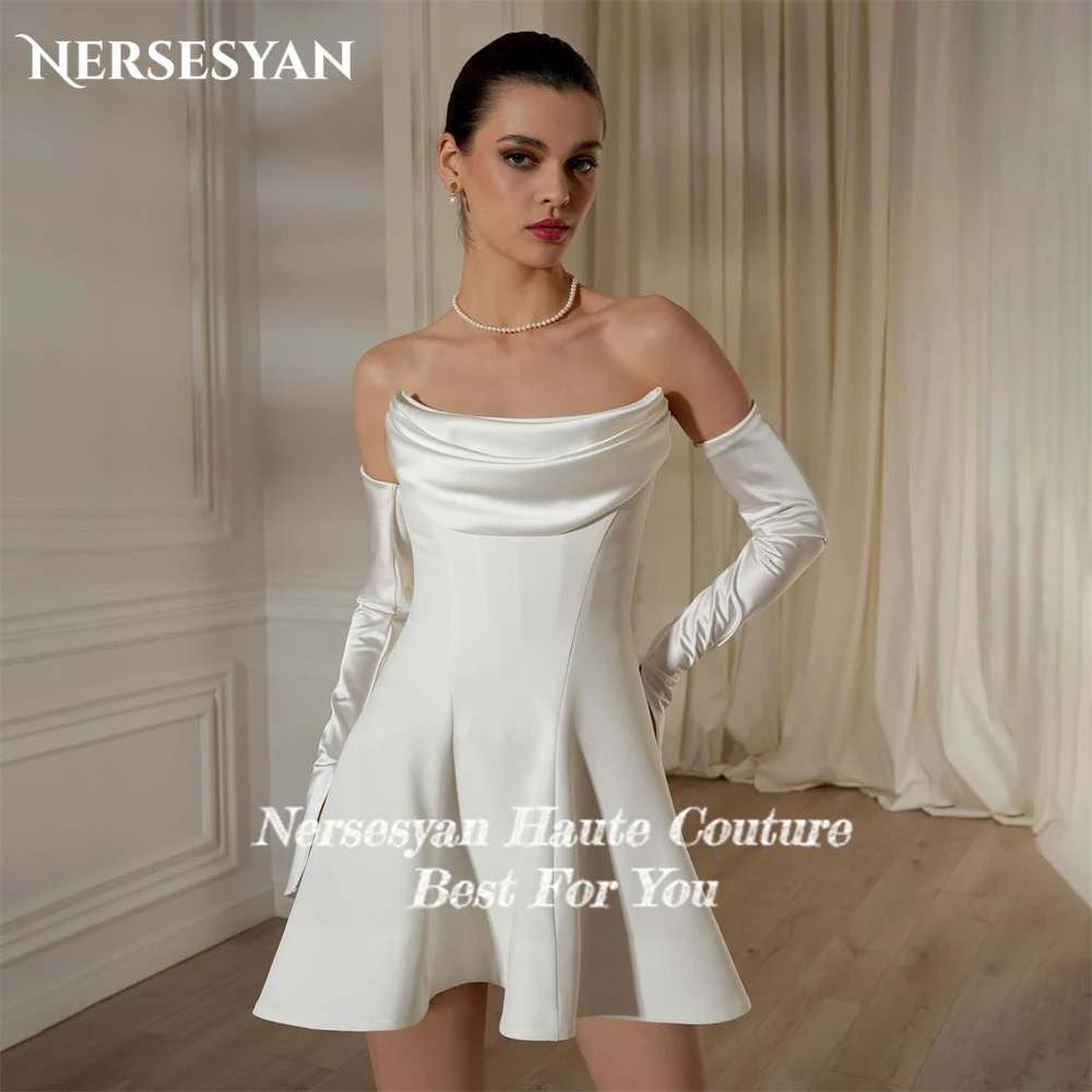 Nersesyan Solid Modern Mini Wedding Dresses Satin A-Line Draped Off Shoulder Bridal Gowns Detachable Long Sleeves Bride Dresses