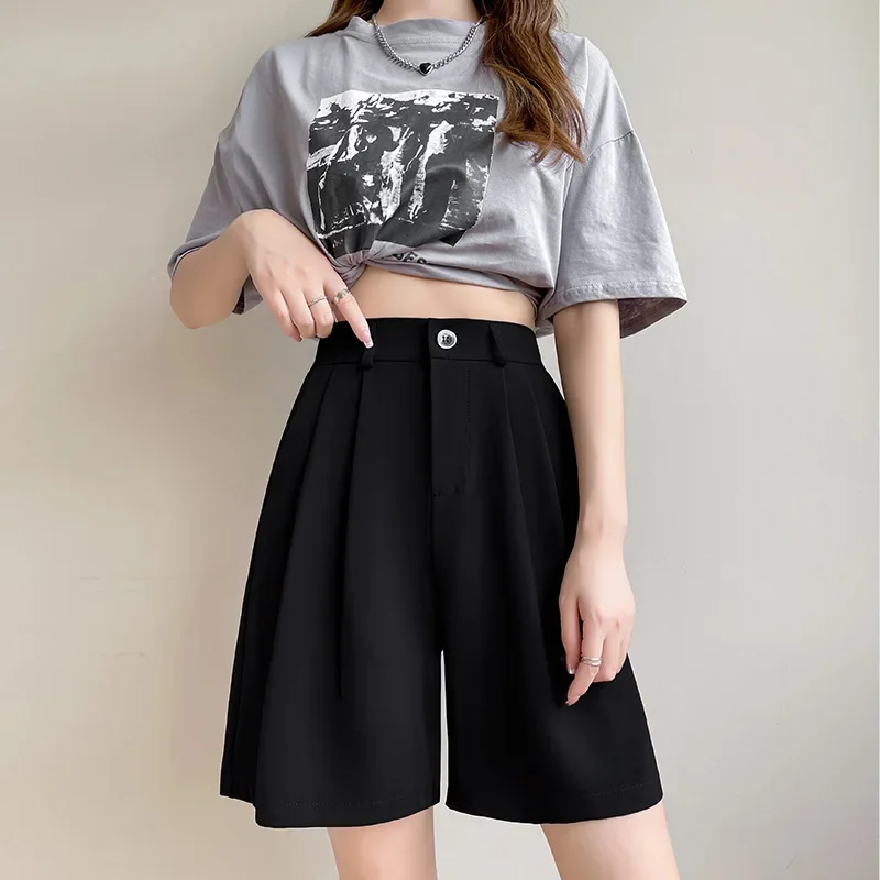 Shorts casuais de cintura alta para mulheres, botão, comprimento do joelho, reto, perna larga, calças curtas, cor sólida, solto, verão