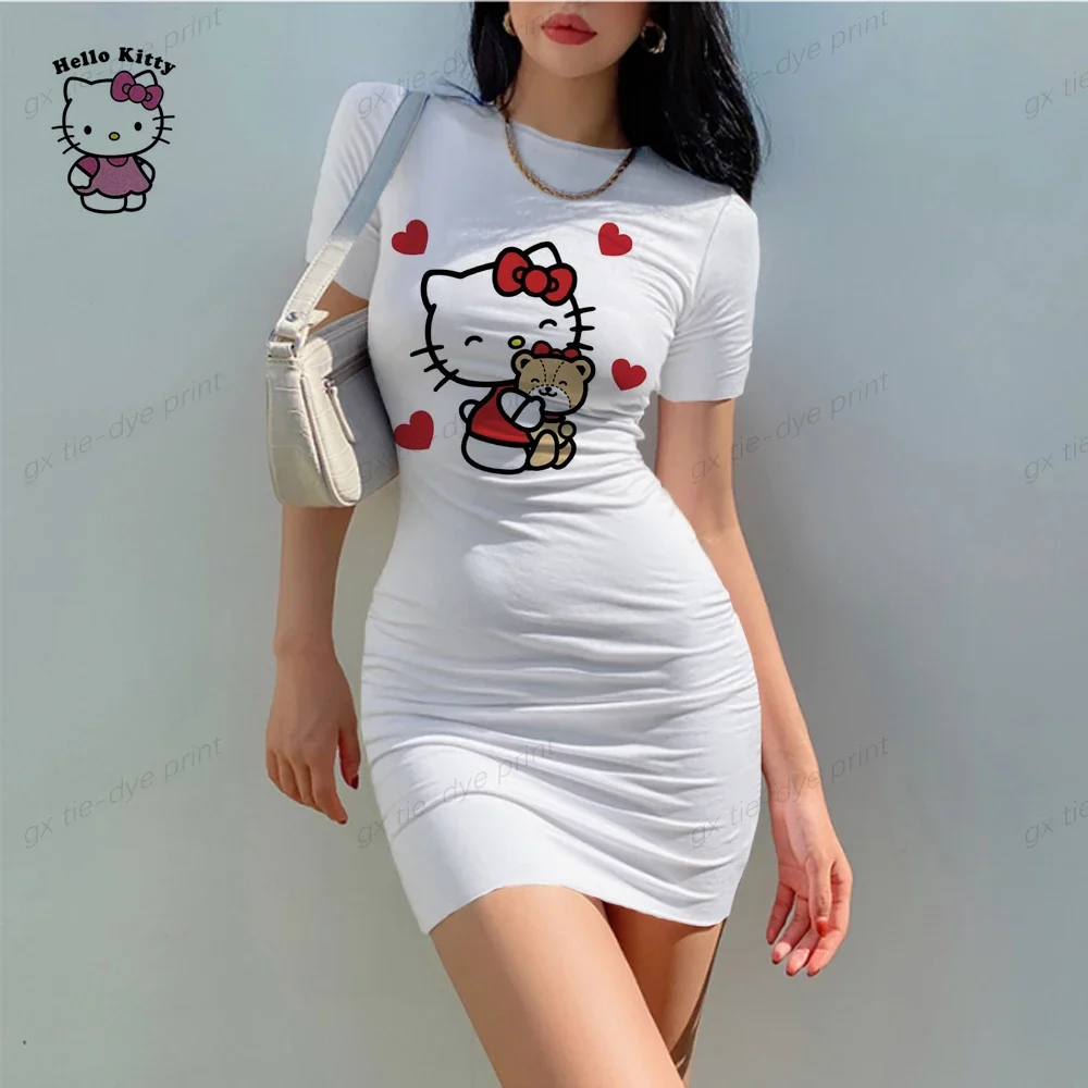 2024 Nieuwe Zomer Dames Ronde Hals Korte Mouw Bodycon Slanke Jurk Jurken Hello Kitty Digital Print Sexy Tas Heupjurk