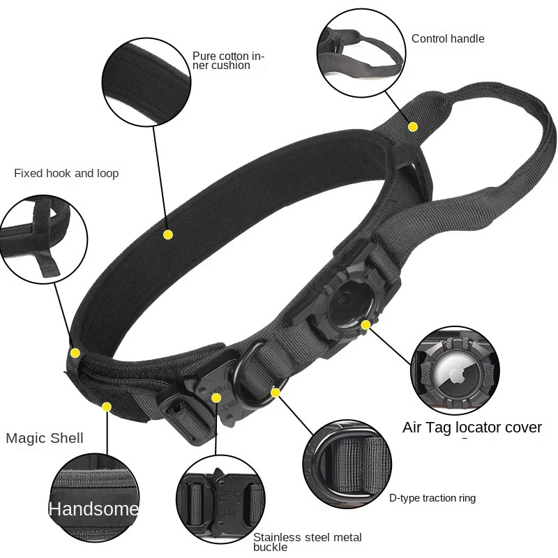 AirTag Tactical Dog Collar, with AirTag Holder and Handle Military Dog Metal Buckle Adjustable GPS Collar for Medium Large Dogs