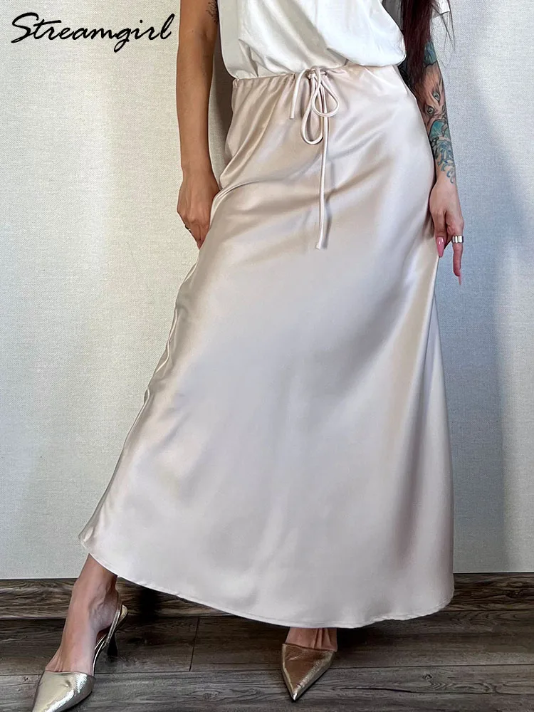 Champagne Long Skirts For Women Elegant 2024 Luxury Satin Skirt Long Beige A Line Tie Up Army Green Maxi Skirts For Women Autumn