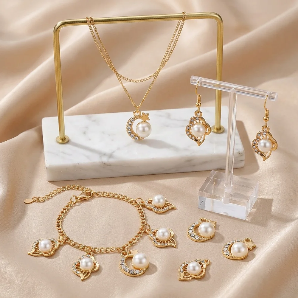 15Pcs Pearl Rhinestone Star Moon Charms Gold Color Pendant Accessories for DIY Necklace Bracelet Jewelry Making Craft Finding