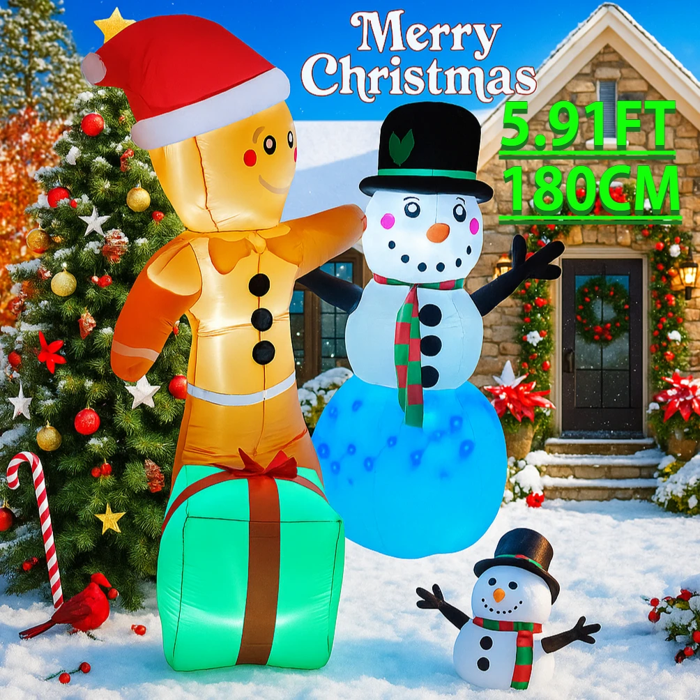 5.91FT Inflatable Toy Christmas Gingerbread Man Snowman Set Gift Xmas Yard Decoration LED Supplies Festive Gift Home Ornament