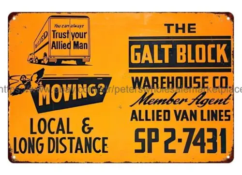 Allied Van lines moving warehouse metal tin sign decorate garage party