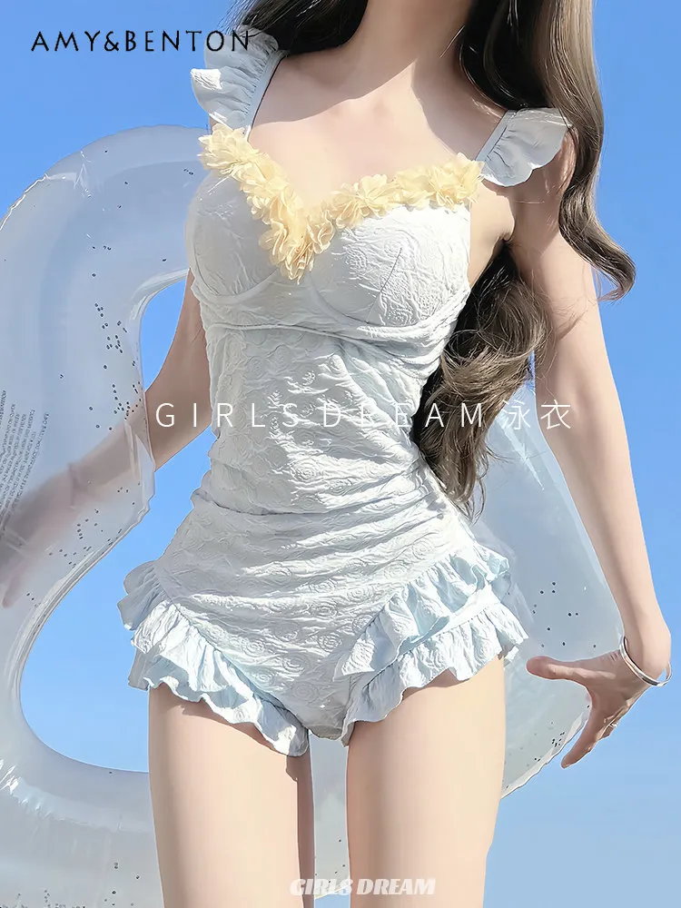 2026 Summer New Sweet Student One-Piece Swimsuit High-End Slimming Cute Girl's Ruffled Strapless Slim-Fit Triangle Swimsuit