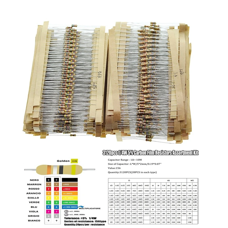 Set di resistori a film di carbonio da 3120 pezzi 1/4W 156 valori di resistenza 20 pezzi ciascuno 1 ohm-10M 5% 0.25W