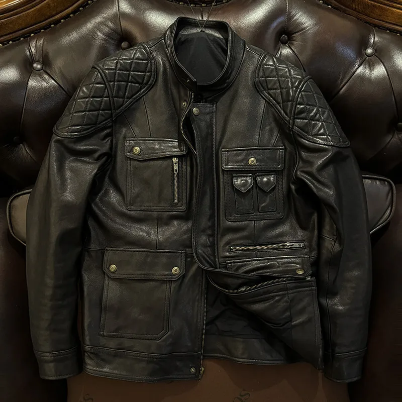 100% Full Grain Uncoated Cowhide Leather Jacket Hong Kong Retro Denim Blue Wide Fit Motorcycle Men Chaqueta Cuero מעיל אופנוע