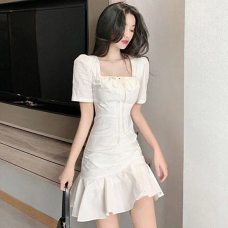 Summer 2024 French Fairy Pleated Square-Neck Cinched Slimming Flounce Dress Fishtail Short Skirt